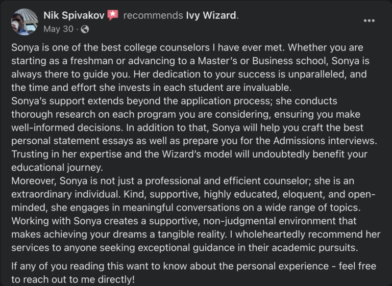 Student recommendation letter endorsing the educational consulting services, highlighting personalized guidance and support